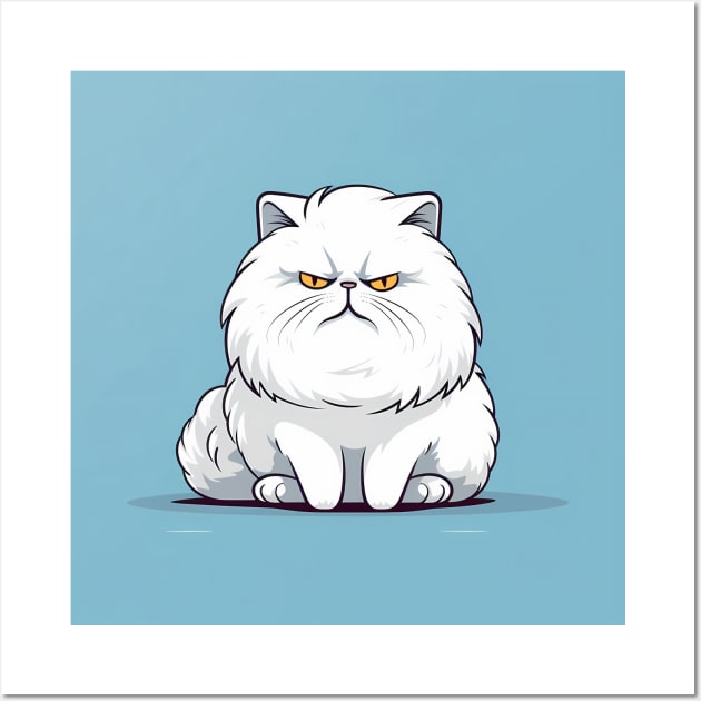 Cute Cartoon Grumpy White Cat on a blue background Wall Art by designs4days